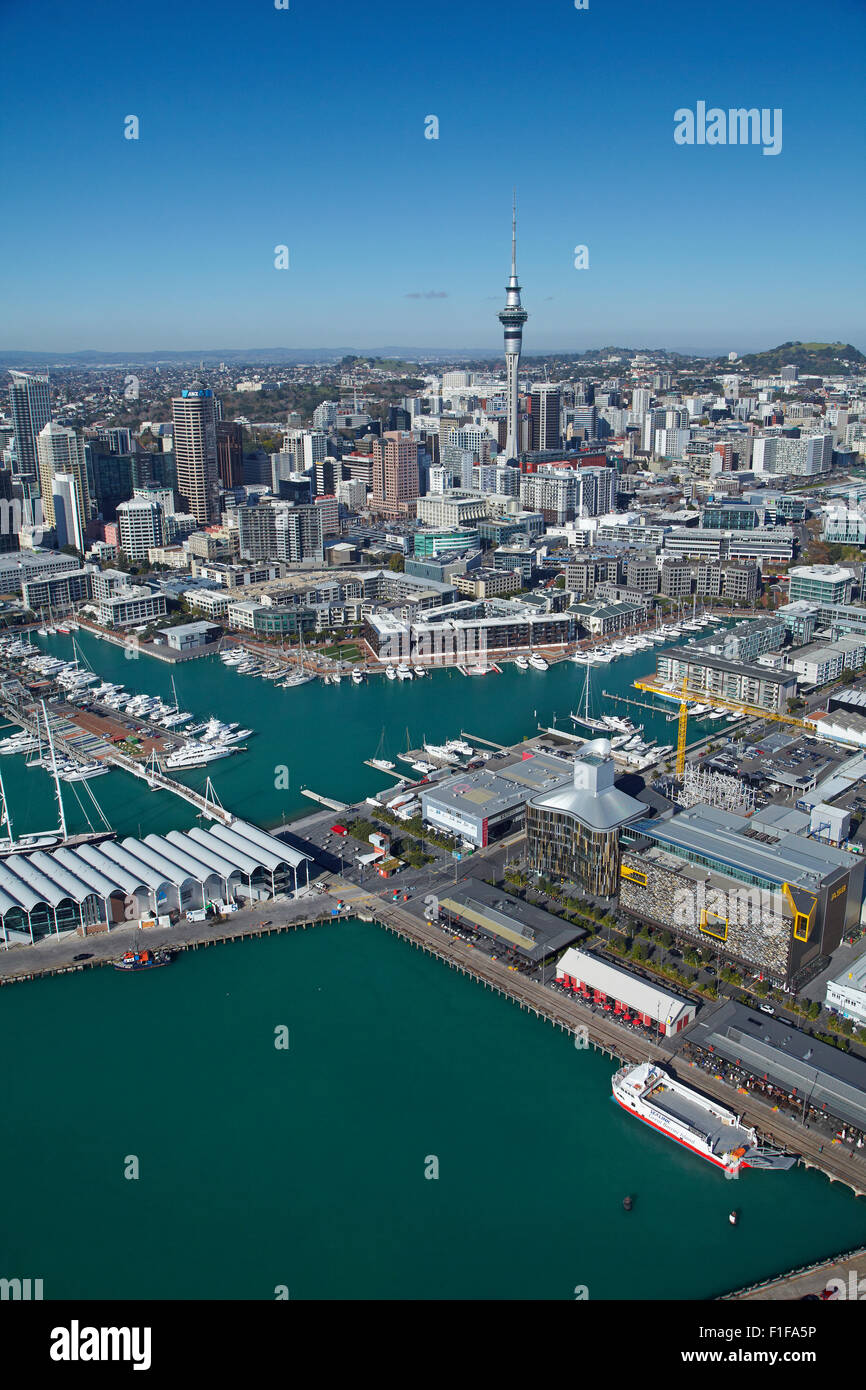 Wynyard Quarter, Viaduct Harbour und Auckland Waterfront, Auckland, Nordinsel, Neuseeland - Antenne Stockfoto