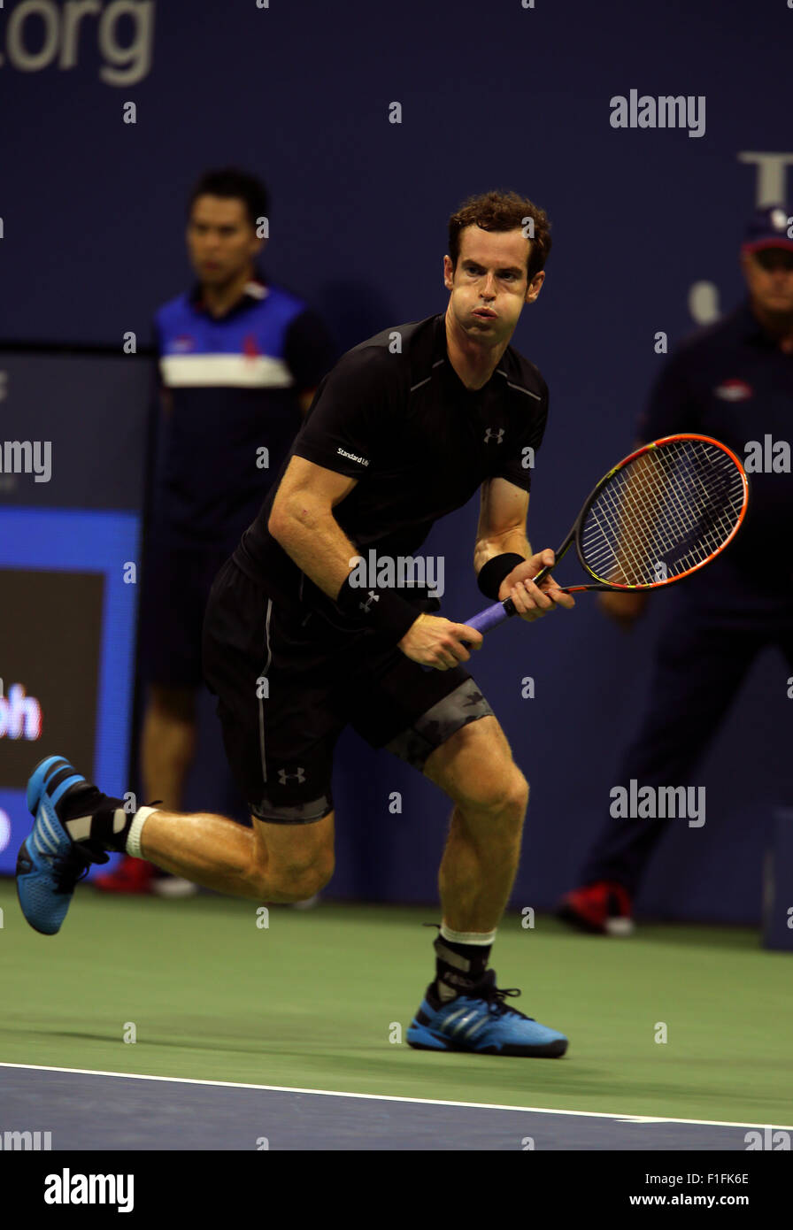 New York, USA. 01. Sep, 2015. Der Brite Andy Murray läuft eine Kugel während seiner ersten Vorrundenspiel gegen Australiens Nick Krygios bei den US Open in Flushing Meadows, New York auf 1. September 2015. Bildnachweis: Adam Stoltman/Alamy Live-Nachrichten Stockfoto