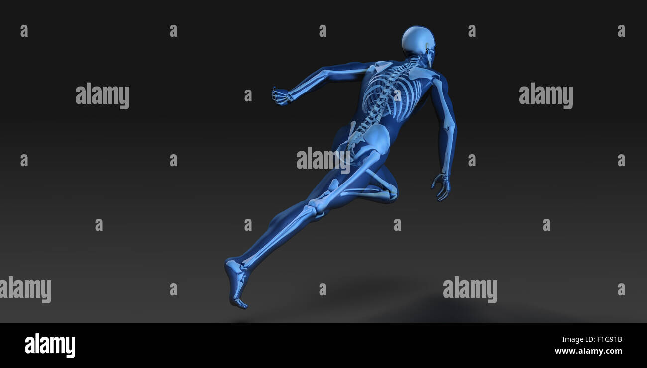 3D Konzept des menschlichen männlichen Körper und Skelett laufen Stockfoto