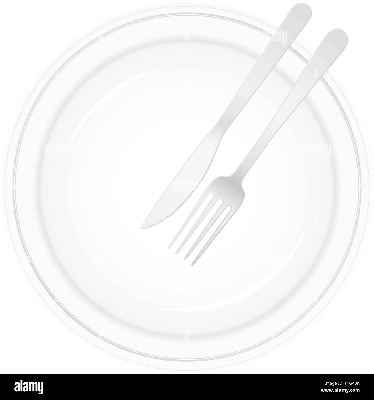 Leeren weißen Teller mit Messer und Gabel. Vektor-Illustration. Stock Vektor