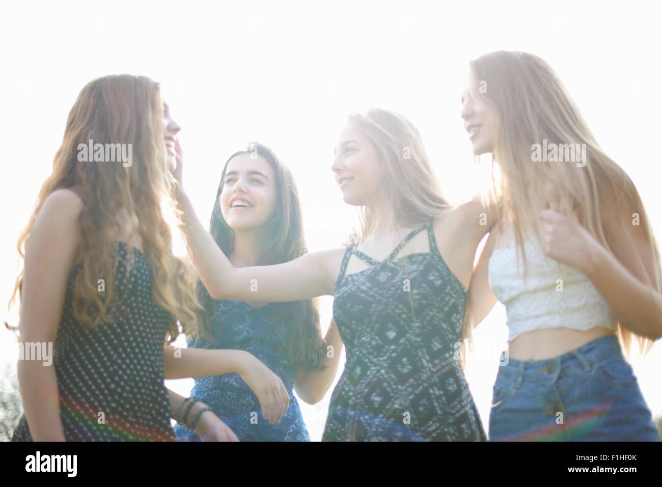 Vier Mädchen im Teenageralter im Chat im park Stockfoto
