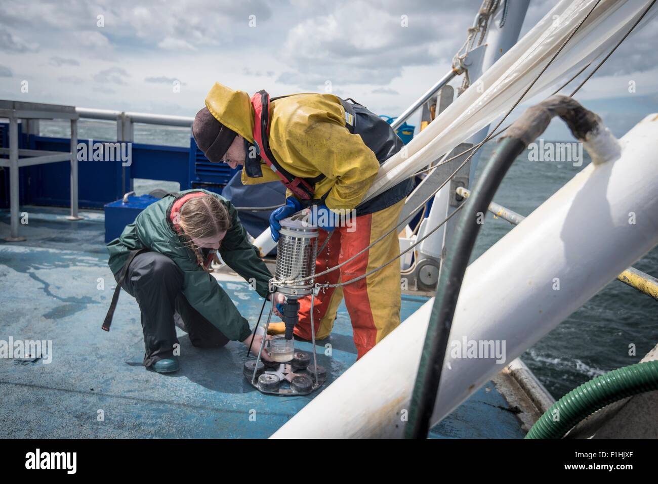 Meeresbiologe Plankton auf Forschungsschiff Proben vom Netz genommen Stockfoto