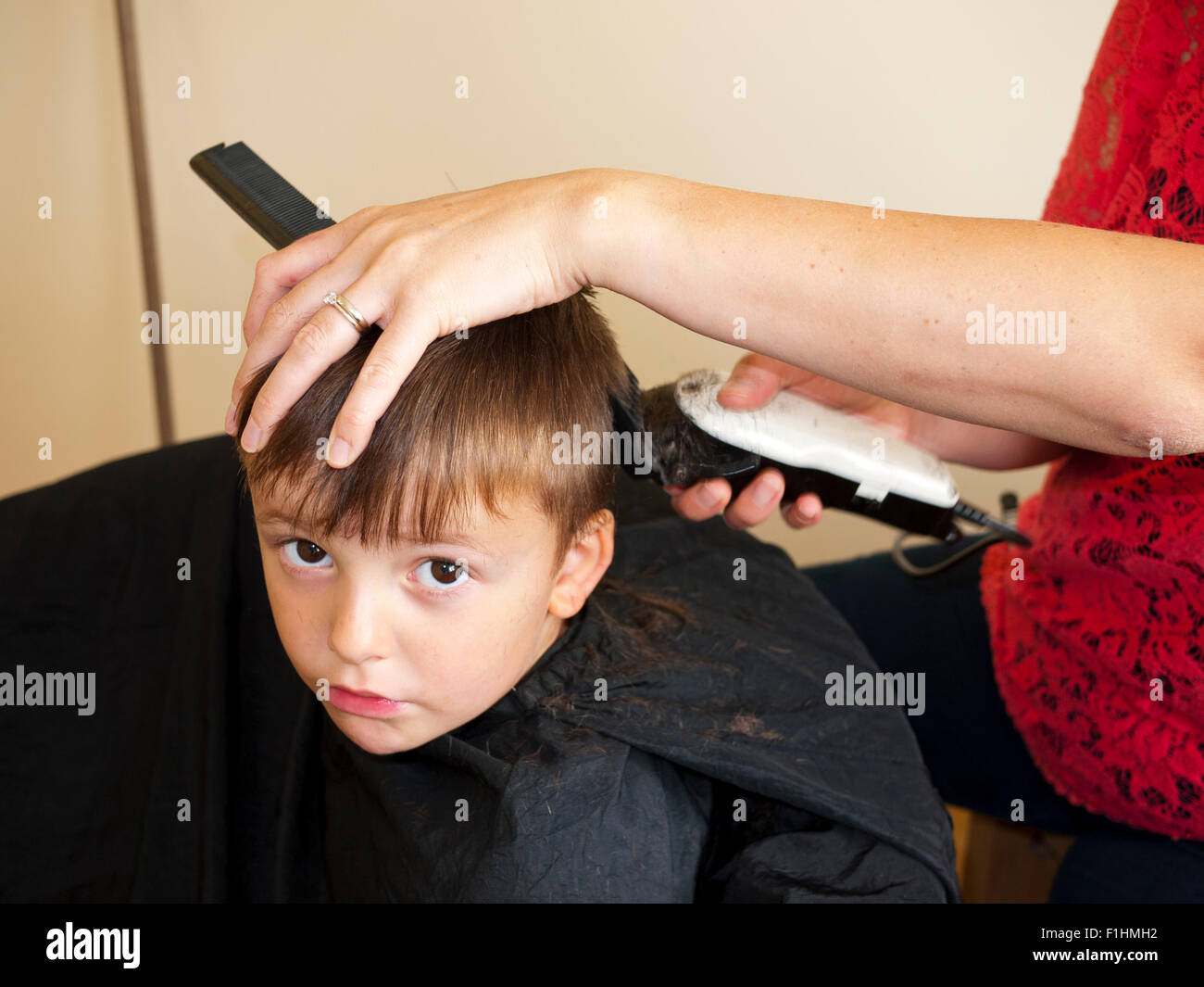Fünf Jahre alten Jungen, die Haare schneiden, England. VEREINIGTES KÖNIGREICH. Stockfoto