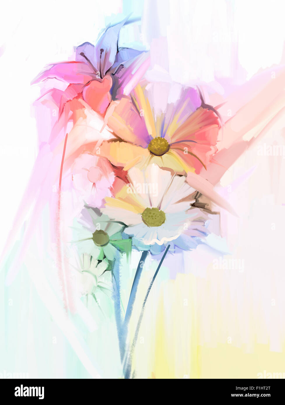 Gänseblümchen, Lilie und Gerbera Blumenstrauß Ölgemälde Stockfoto