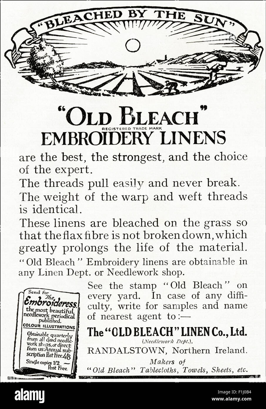 Anzeige der 1920er Jahre. Magazin Anzeige vom 1923 Werbung alte Bleach Stickerei Bettwäsche Randalstown in Nordirland Stockfoto