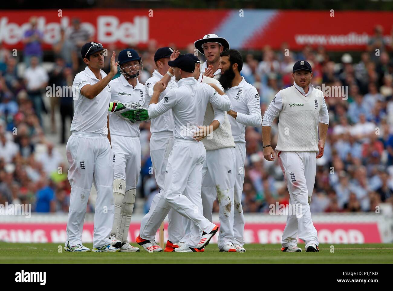 Englands Moeen Ali feiert Entlassung Australiens David Warner während der Investec Asche Testreihen Spiel zwischen England und Australien auf das Oval in London. 20. August 2015. James Boardman / Tele Bilder + 44 7967 642437 Stockfoto