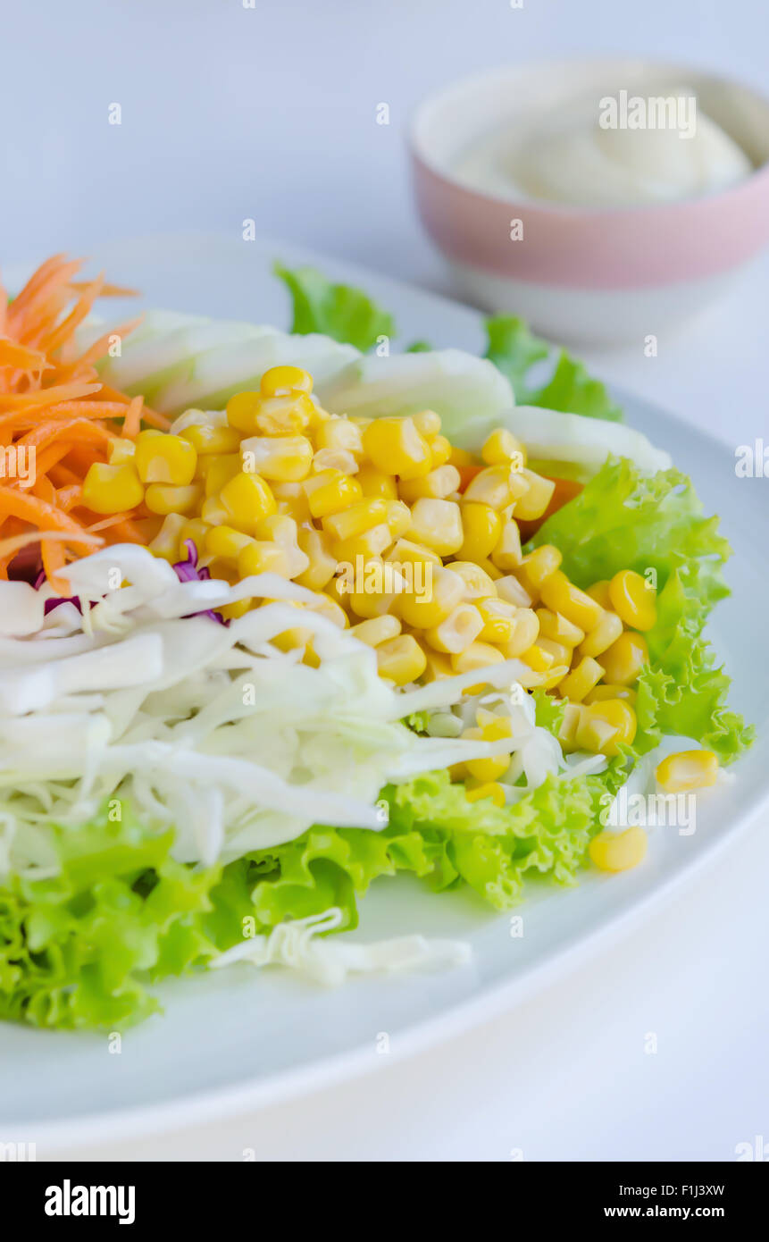 frischer Salat mit Früchten und gemischtes Gemüse auf Teller serviert mit weißen Sahne-sauce Stockfoto