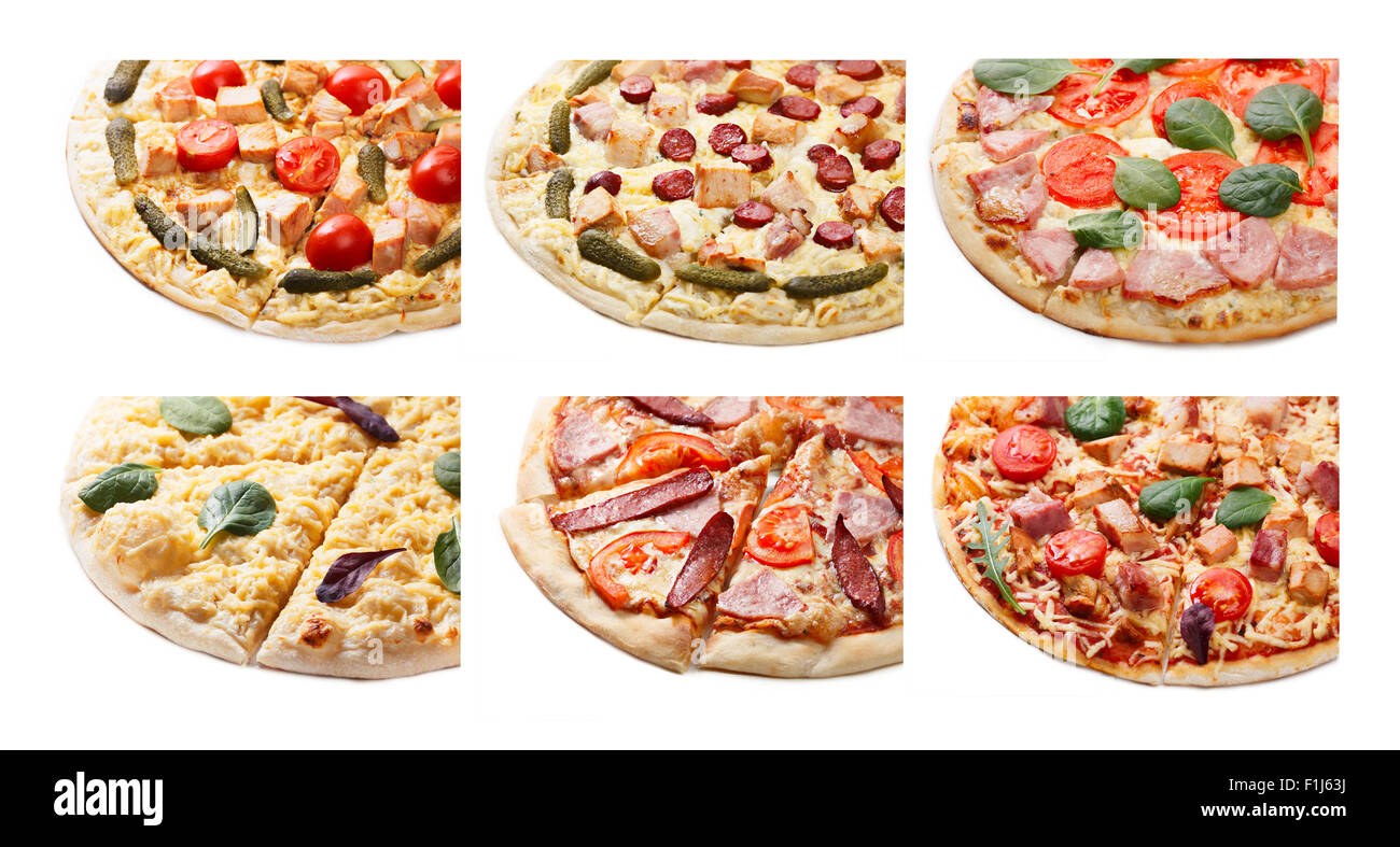 Satz von Pizzastücke isoliert auf weiss Stockfoto
