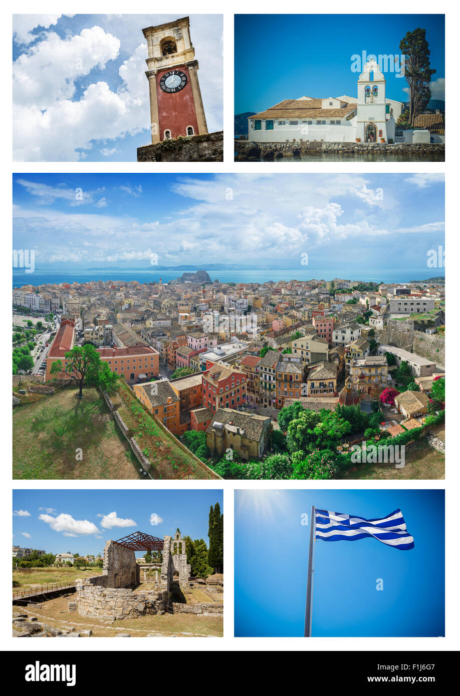 Korfu (Kerkyra) Collage. Satz von Corfu Sehenswürdigkeiten Stockfoto