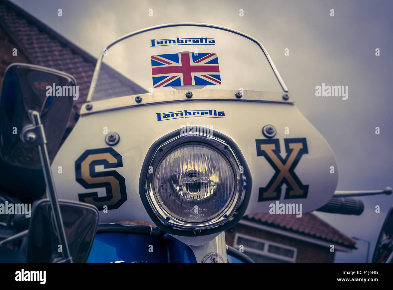 Vorderansicht der Lambretta Scheinwerfer und Windschutzscheibe Motorrad Stockfoto