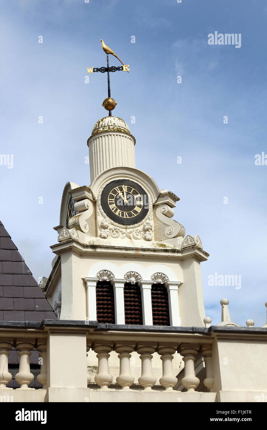 Clock Tower und Wetterfahne auf der Bibliothek in Saffron Walden, Essex, UK Stockfoto