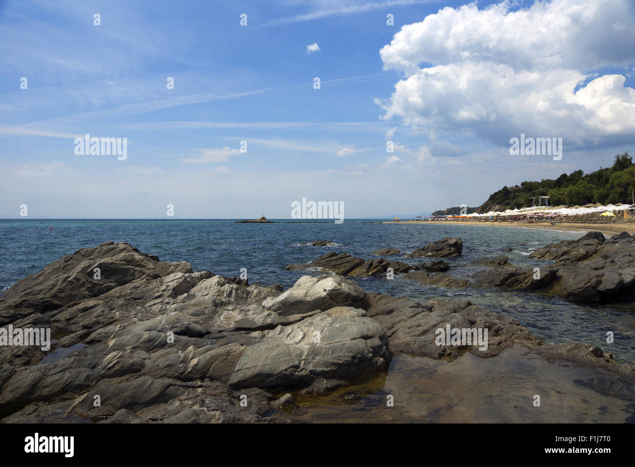 Blick vom Paralia Eleochoriou und Ägäis, Nord-Griechenland Stockfoto