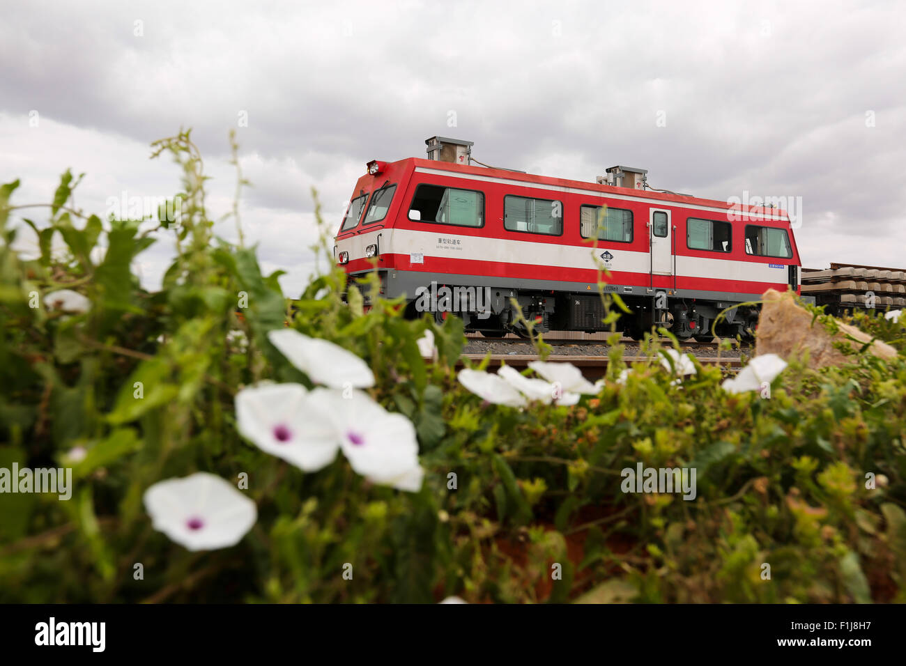 Mtito Andei, Kenia. 2. Sep, 2015. Ein Zug Motor ist bei den sechsten Teil Kenias normalspurigen Eisenbahn (SGR) Projekt, in der Nähe von Mtito Andei, Kenia, am 2. September 2015 sehen. Mehr als 25.000 Kenianer sind laut dem chinesischen Botschafter in Kenia Liu Xianfa für den Weiterbau der SGR, einer Chinesisch-finanzierten Hochgeschwindigkeits-Eisenbahnstrecke der Hauptstadt Nairobi, Kenia Hafen Stadt Mombasa verlinken eingesetzt worden. © Pan Siwei/Xinhua/Alamy Live-Nachrichten Stockfoto