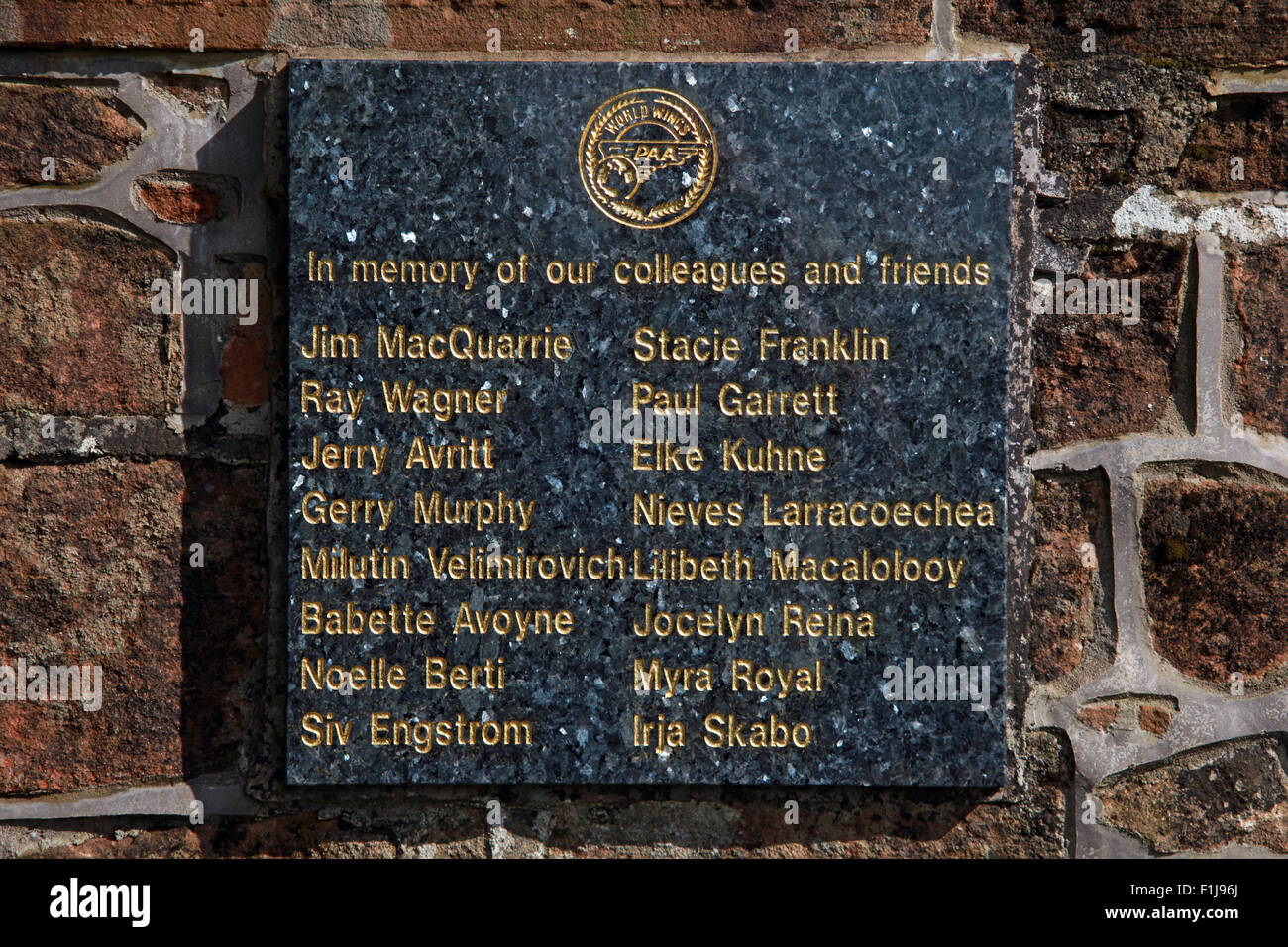 Lockerbie PanAm103 Erinnerung Memorial PAA Welt Flügel Plaque, Schottland Stockfoto