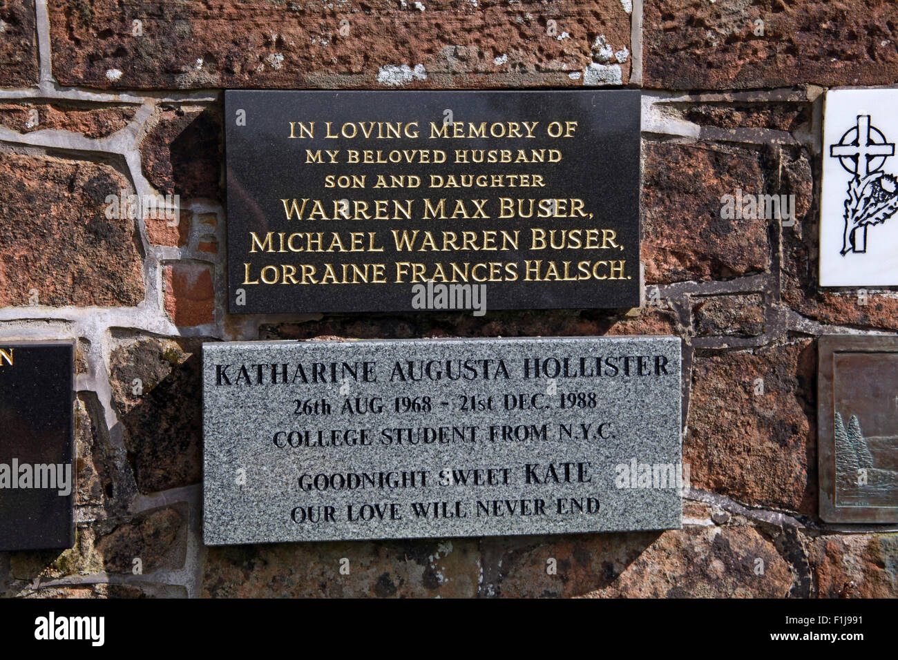 Lockerbie PanAm103 In Rememberance Memorial Warren Max Buser Michael Warren Lorraine Frances Halsch Katherine Augusta Hollister Stockfoto