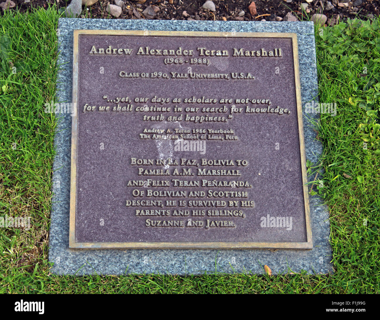Lockerbie PanAm103 In Erinnerung Memorial Andrew Alexander Teran Marshall, Schottland Stockfoto