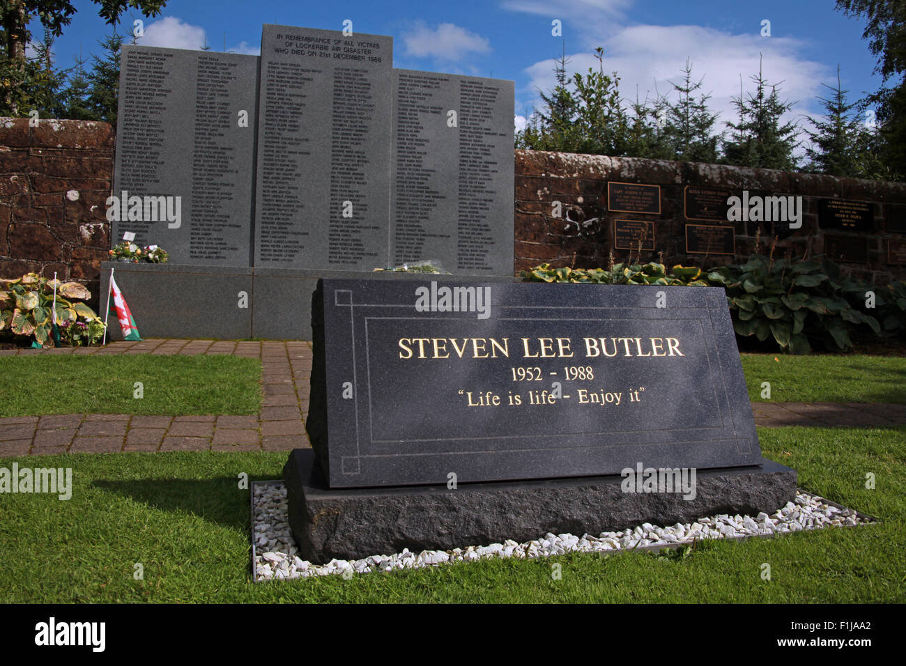 Lockerbie PanAm103 In Erinnerung Memorial Steven Lee Butler - Leben ist das Leben genießen It, Schottland Stockfoto