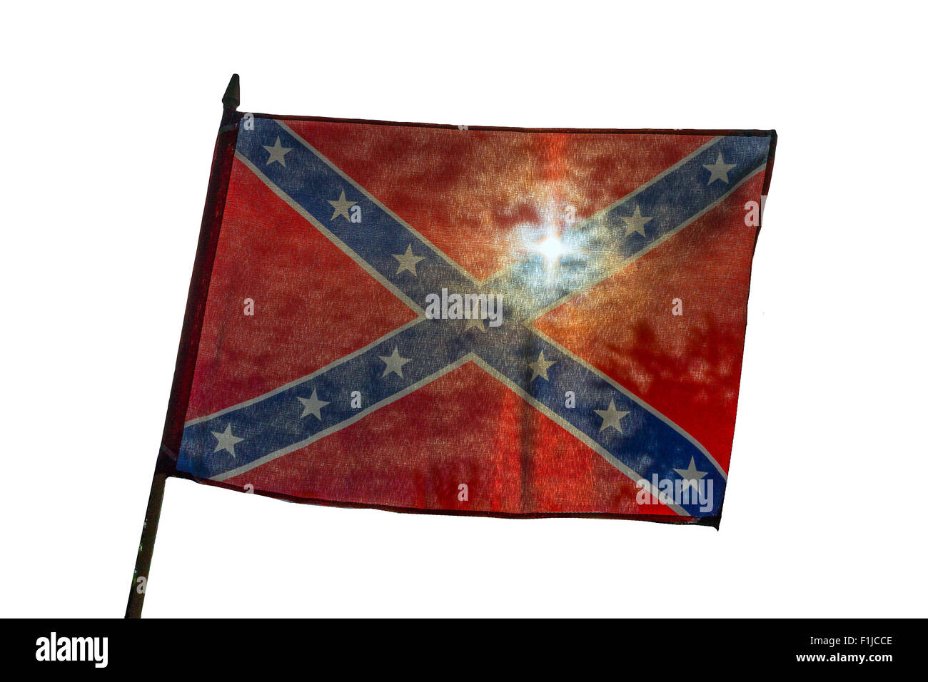 Konföderierten Flagge mit Reflektion der Sonne auf einem weißen Hintergrund durchscheinen. Stockfoto