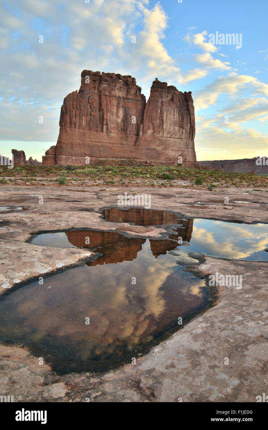 Reflexionen in Pools im Courthouse Wash im Arches National Park in der Nähe von Moab, Utah Stockfoto