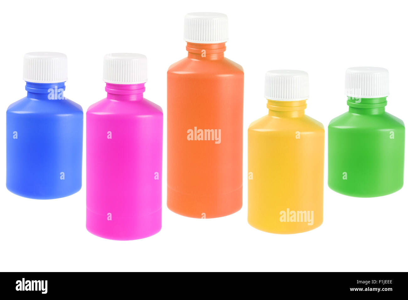Sammlung von bunten flüssige Medizin Plastikflaschen auf weißem Hintergrund Stockfoto