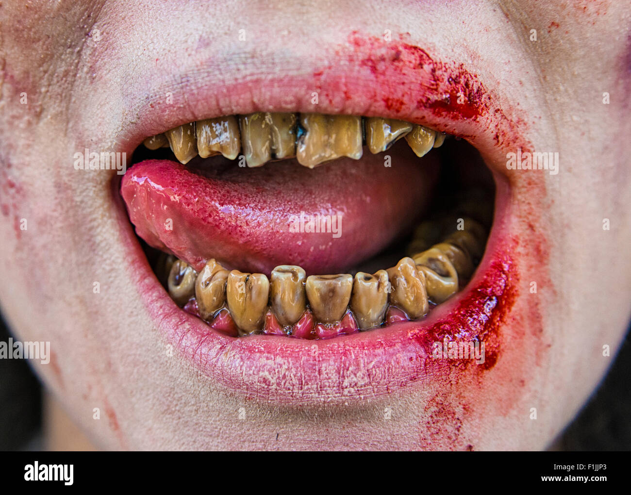 Verfaulte Zombie Zähne, Mund und Zunge, Film schießen, Szene aus einem Zombie-Komödie, Kurzfilm, Brain Freeze Stockfoto