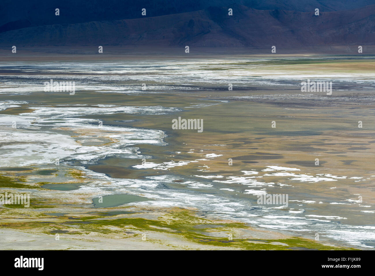 Luftbild auf Tso Kar, einen schwankenden Salzsee, 4.530 m, Changtang, Thukje, Jammu und Kaschmir, Indien Stockfoto