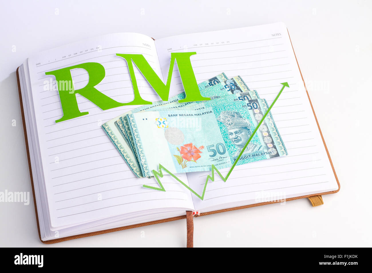 mit grünen Pfeil und Malaysia Ringgit Malaysia Geld anmelden notebook Stockfoto