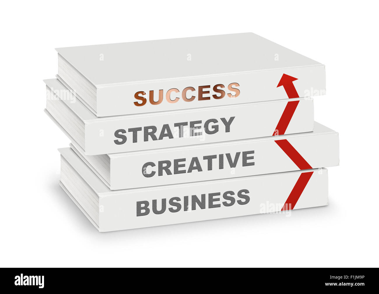 Stapel von Büchern bedeckt Strategie, Business, Creative, Erfolg und Pfeil, weiss mit Pfad Stockfoto