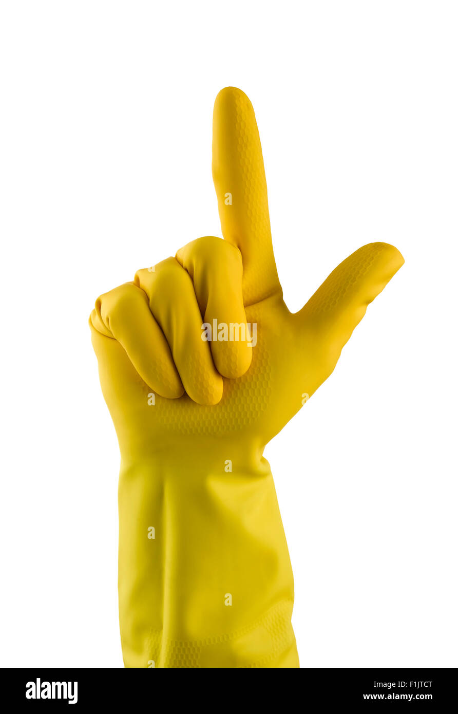 Gelbes Kautschuk Handschuh zeigen Stockfoto