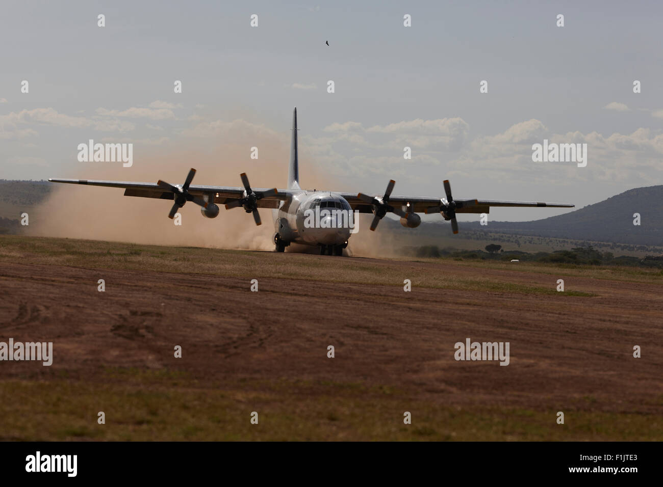 Flugzeug mit Nashörner für Umzug, Landung auf dem Strip, Singita Grumeti, Tansania Stockfoto