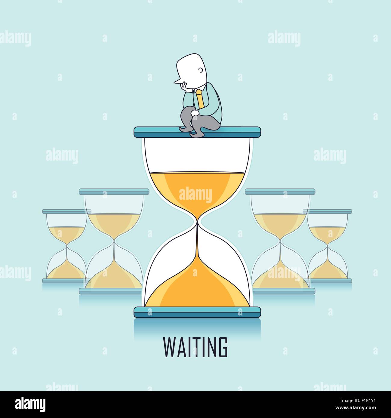 warten-Konzept: Geschäftsmann hält warten und sitzen auf einer Sanduhr in Linienart Stock Vektor