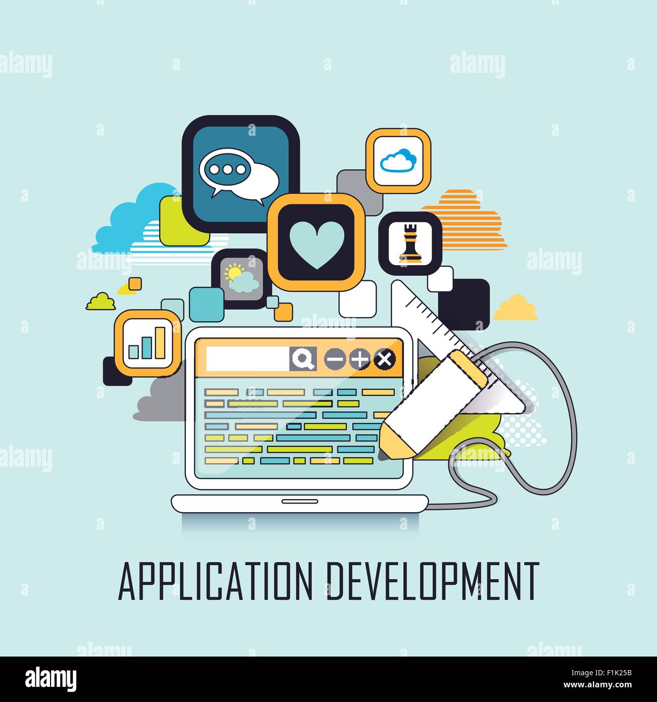 Anwendung-Entwicklungskonzept: apps und Laptop in Linienart Stock Vektor