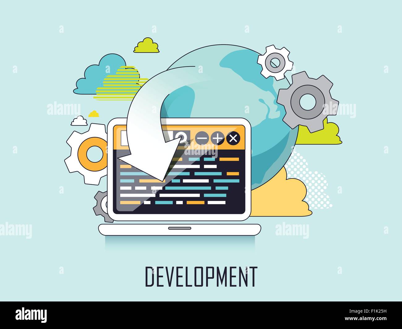 Web-Development-Konzept: Web-Seite und Laptop in Linienart Stock Vektor
