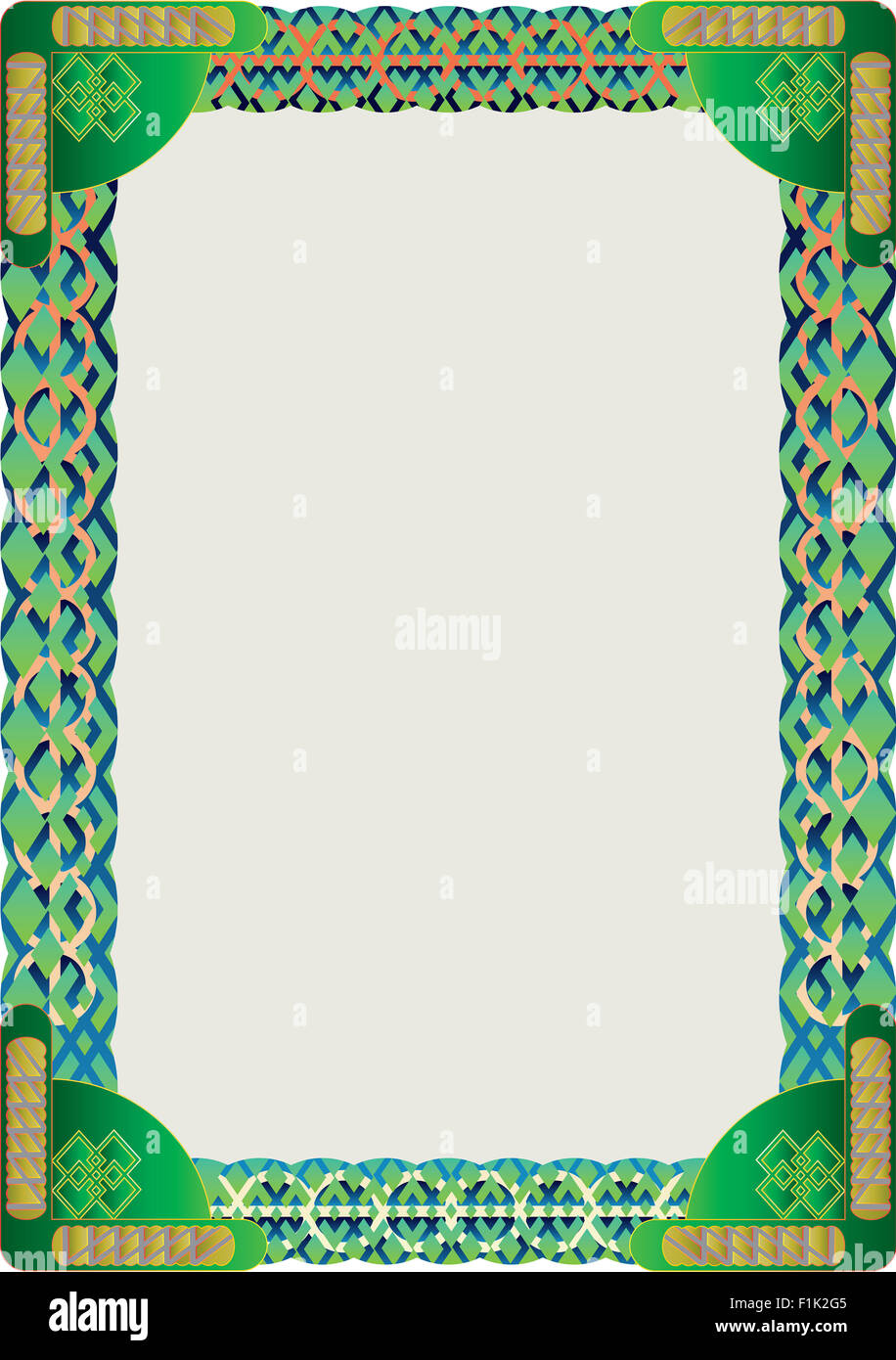 Bunte und lebendige geometrische Muster grün dekorative Textrahmen mit geschwungenen Elementen. Stockfoto