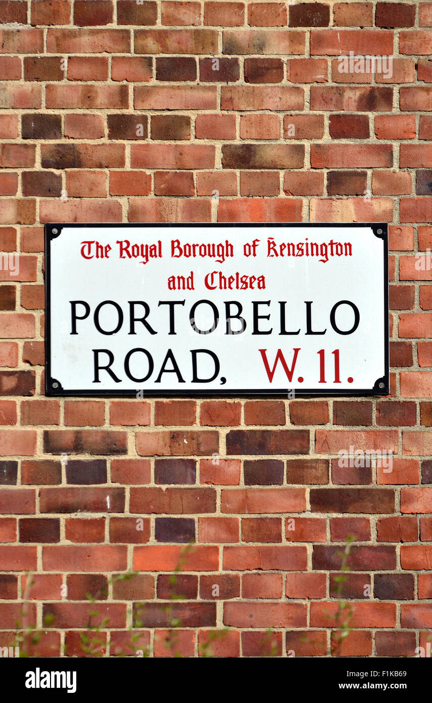 London, England, Vereinigtes Königreich. Portobello Road Straßenschild Stockfoto