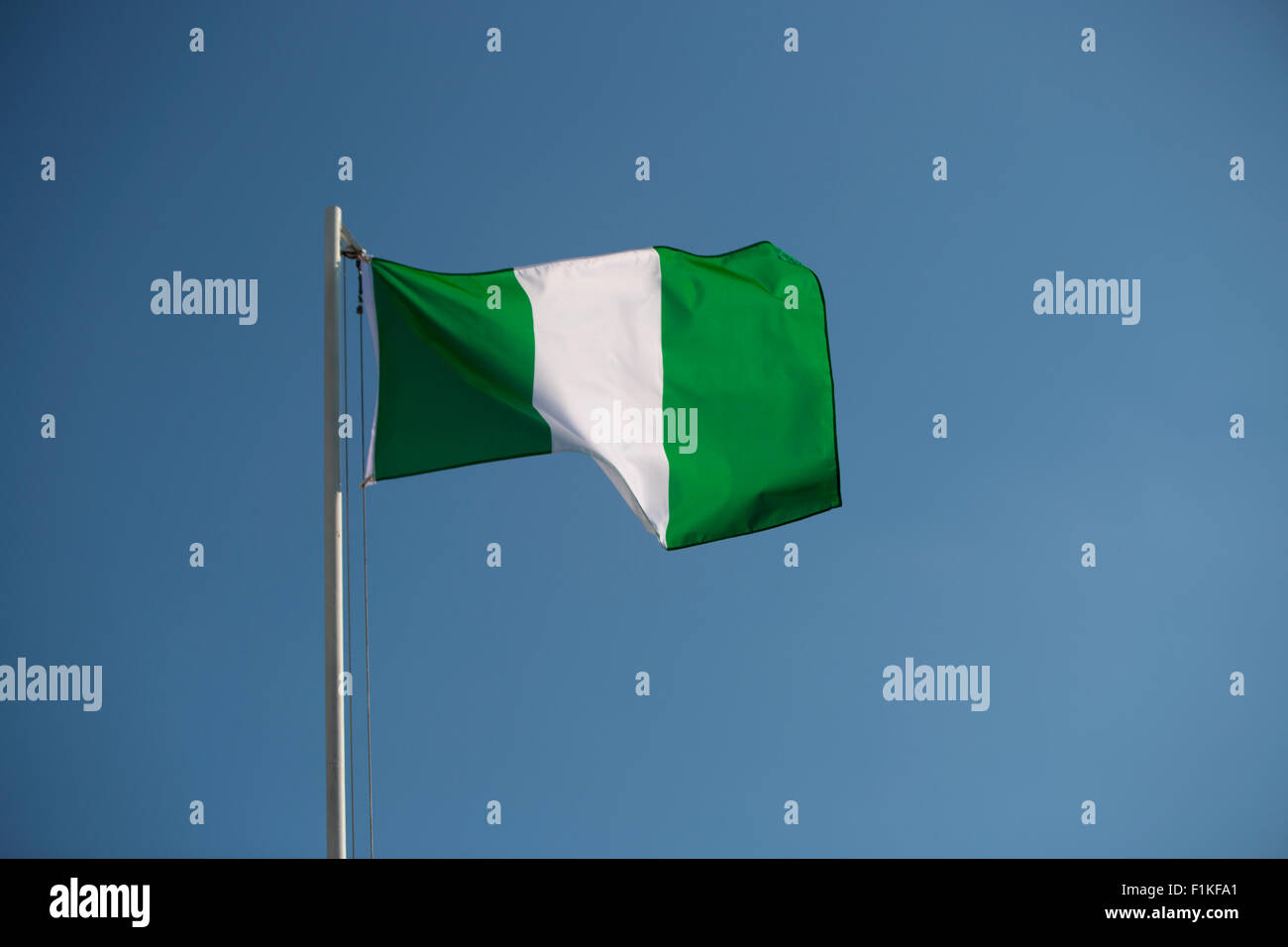 Nigerianische Flagge vor blauem Himmel im wind Stockfoto