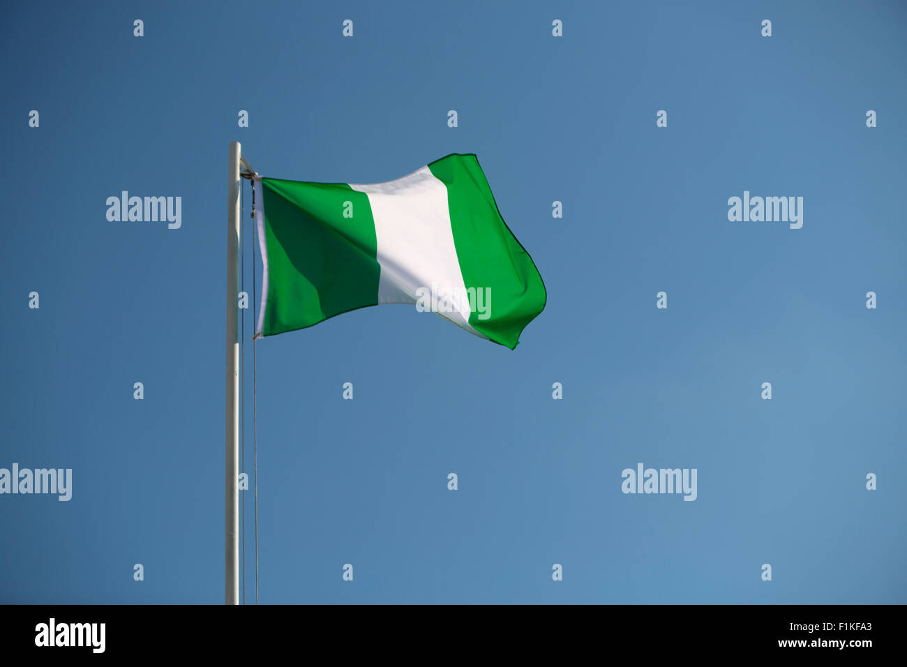 Nigerianische Flagge vor blauem Himmel im wind Stockfoto