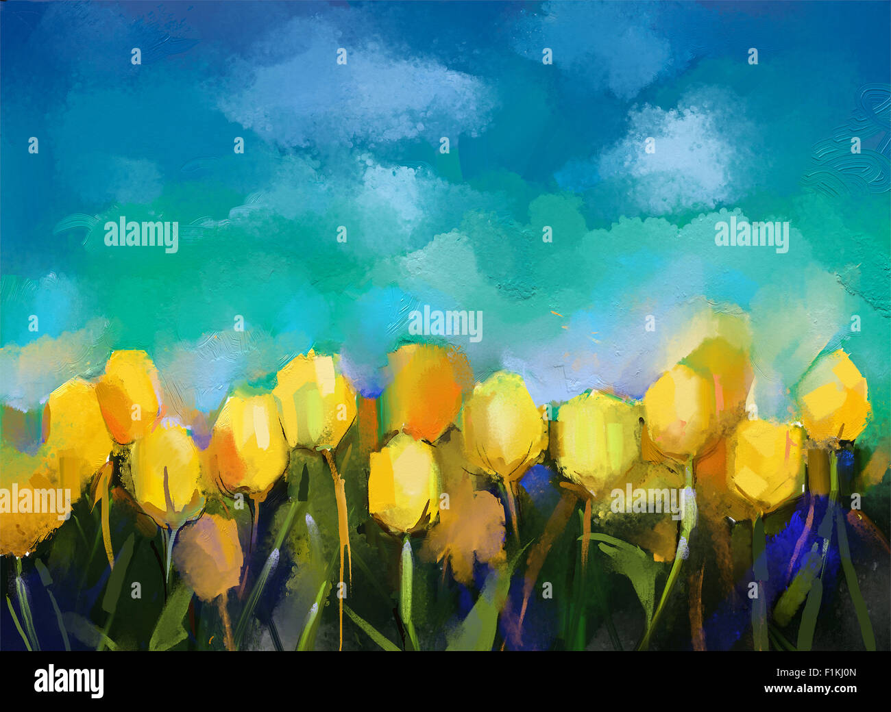 Gelbe Tulpen Blumen Ölgemälde abstrakt. mit blauem Himmelshintergrund Stockfoto
