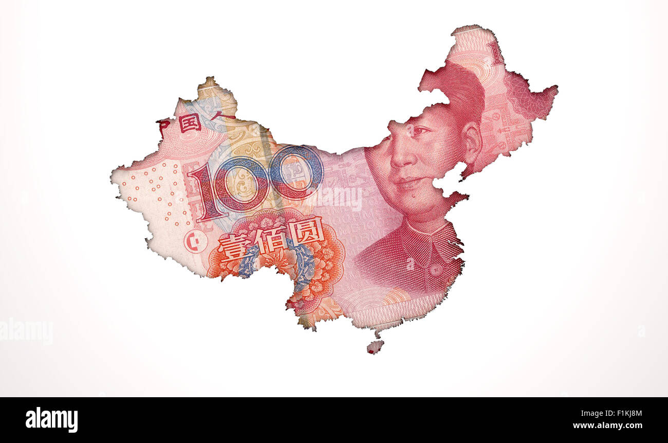 Eine Yuan Note in Form von China in eine isolierte weiße Oberfläche eingelassen Stockfoto