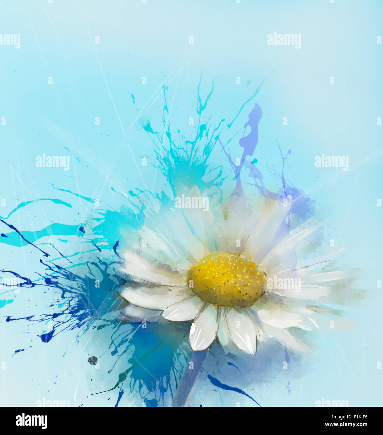 Abstrakte White Daisy Ölgemälde mit blauen Raum für design Stockfoto