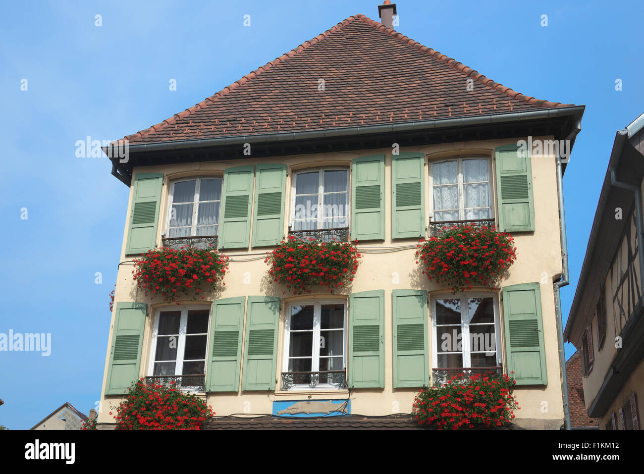 Haus mit Fensterläden und Blumenkästen Obernai Elsass Frankreich Stockfoto