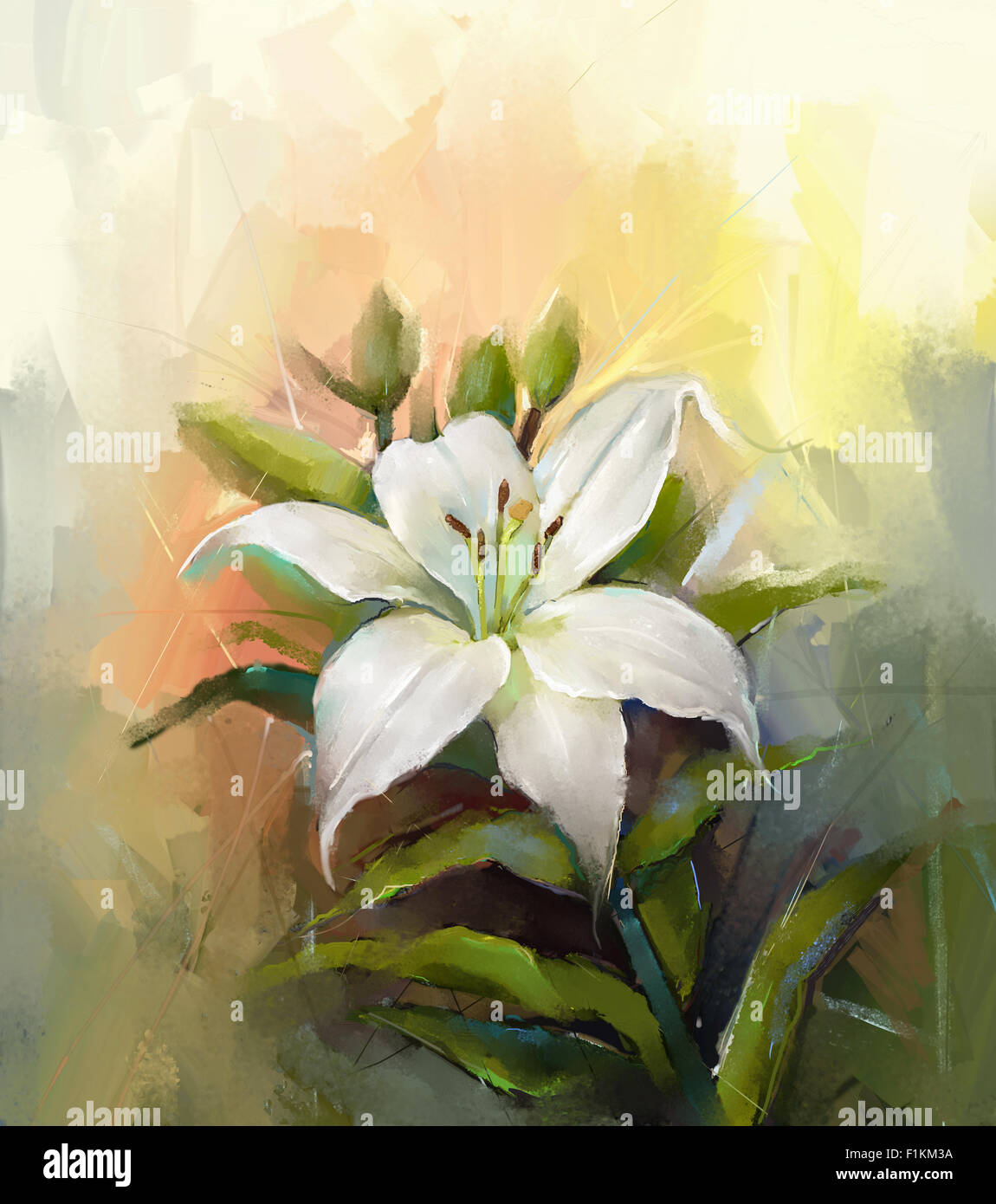 Ölgemälde Stilleben der weißen Lilie Blume mit grünem Blatt Stockfoto