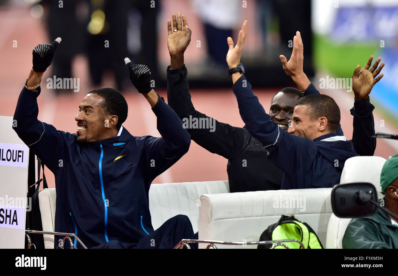 Zürich, Schweiz. 03rd Sep 2015. Taoufik Makhloufi (ALG), David Rudisha (KEN) und Christian Taylor (USA) während des Sportlers Präsentation auf das Jahr 2015 IAAF Diamond League-Leichtathletik-Meeting in Zürich. Bildnachweis: Erik Tham/Alamy Live-Nachrichten Stockfoto