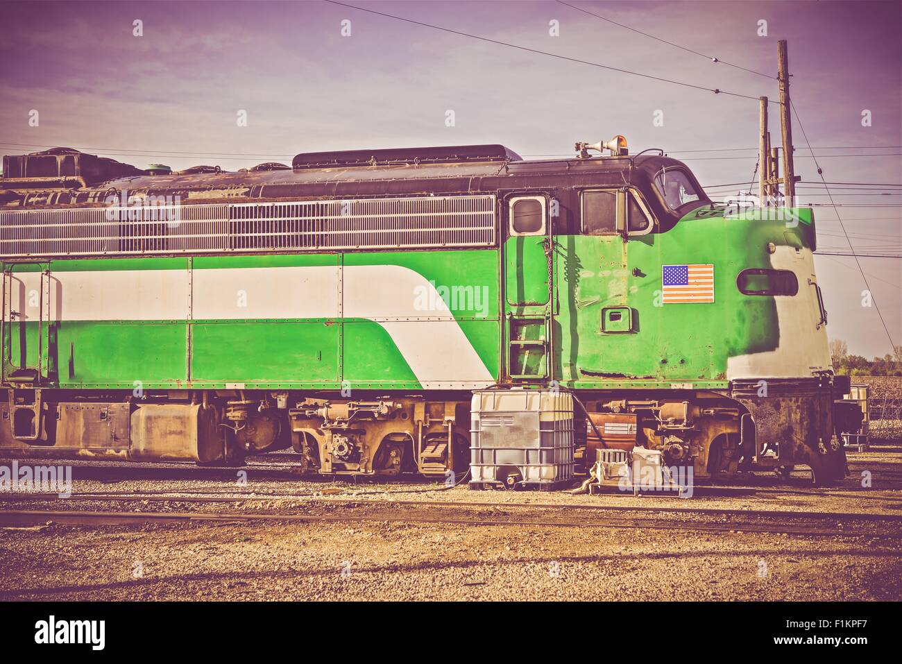 Vintage amerikanische Lokomotive. Geschichte der amerikanischen Eisenbahnen Stockfoto