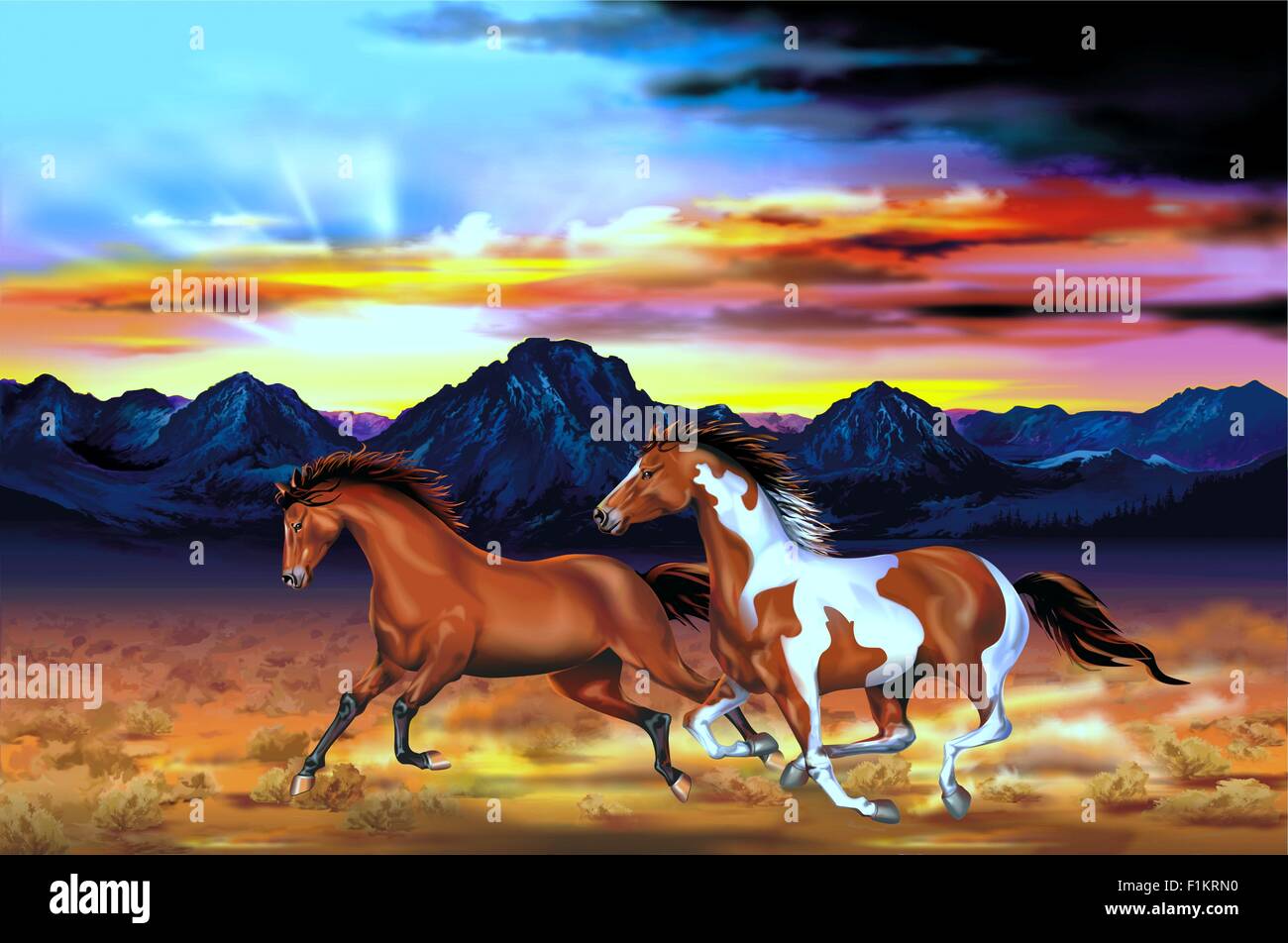 Zwei Running Wild Pferde im Sonnenuntergang künstlerische Illustration. Galoppierende Mustangs. Wildnis Prärien und die Bergkette. Stockfoto