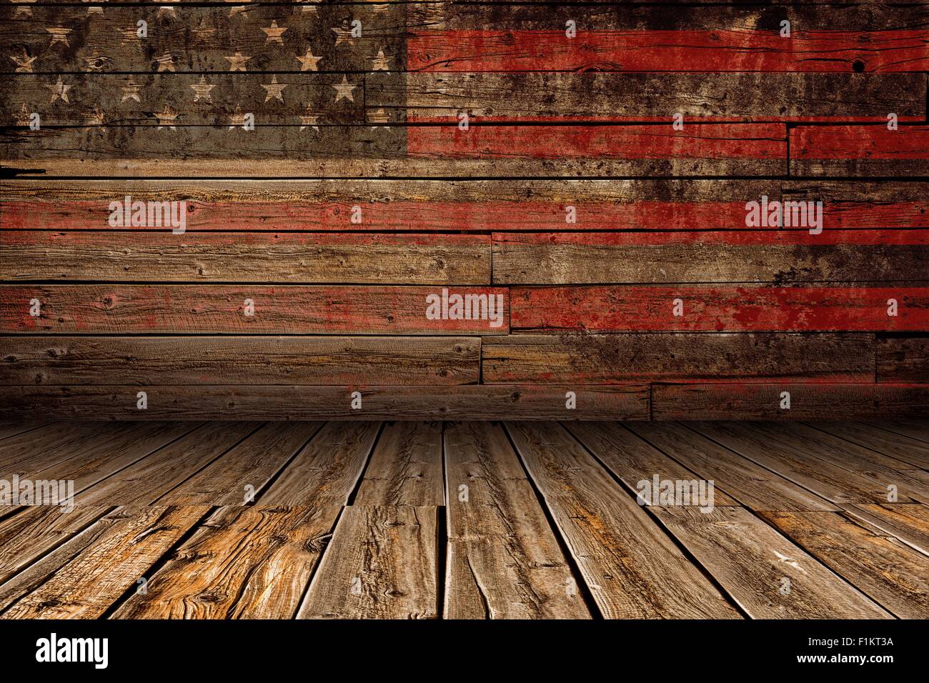 American Vintage Holzbühne Hintergrund. Bühne mit bemalten Alter amerikanische Flagge malen. Stockfoto