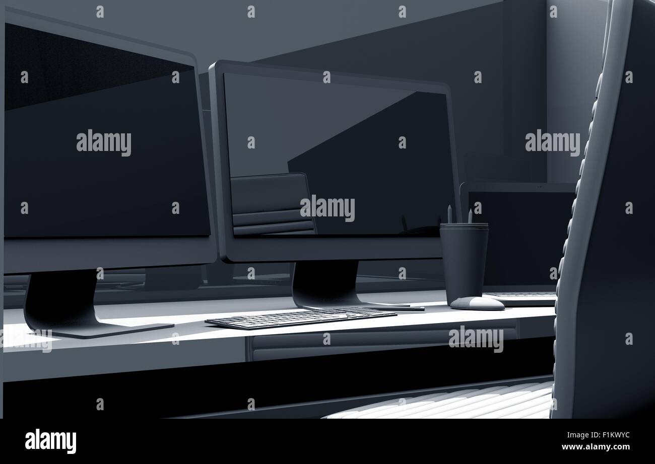 Schreibtisch mit Computer 3D Concept Illustration. Dual-Display Schreibtisch Workstation. Stockfoto