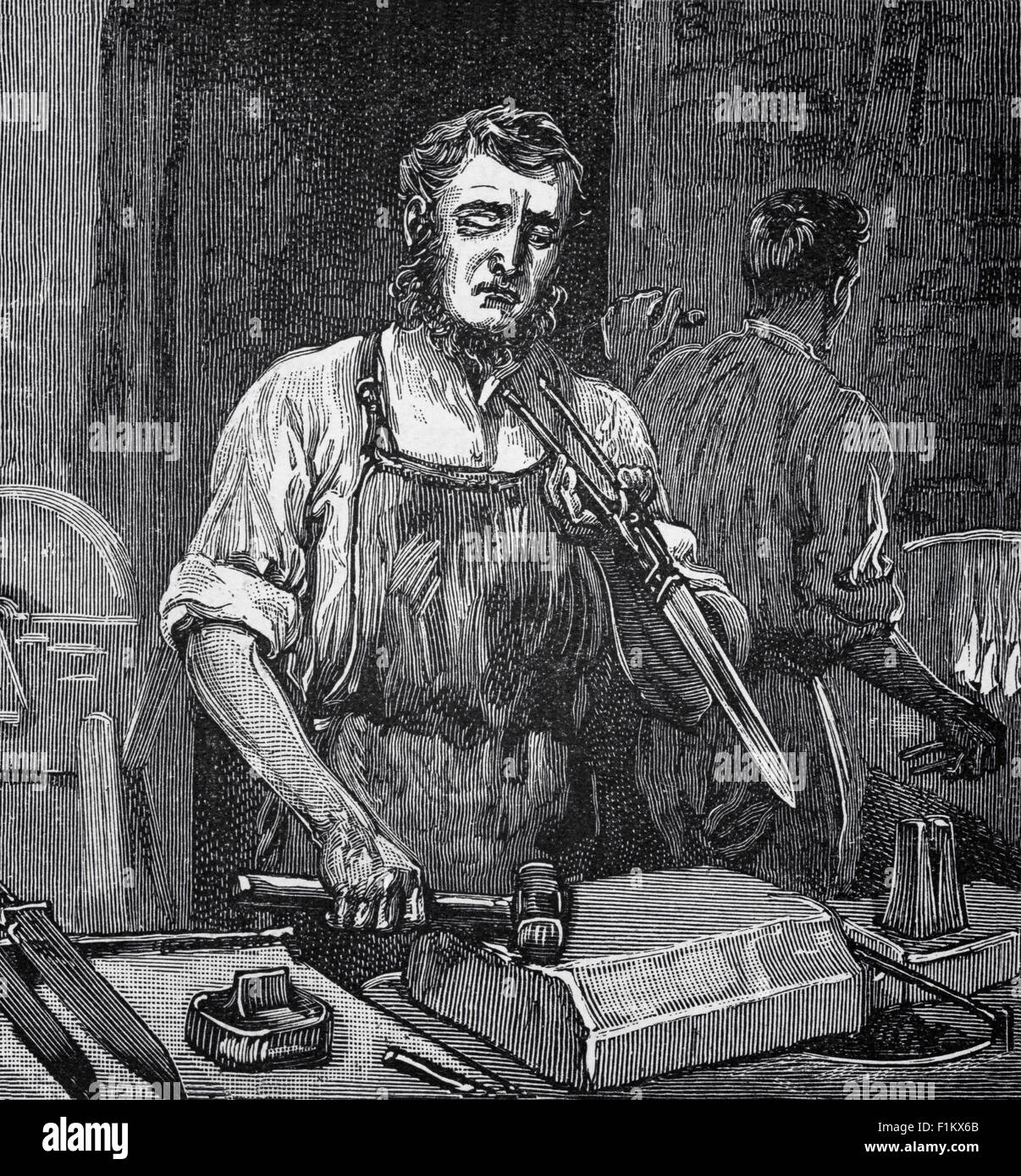 Ein 19th Jahrhundert englischer Cutler Herstellung Messer in Sheffield, Yorkshire, England. Es war während der 1740s, eine Form des Tiegelstahlverfahrens entdeckt wurde, die die Herstellung einer besseren Qualität von Stahl als bisher möglich, ideal für Besteck ermöglicht. Stockfoto