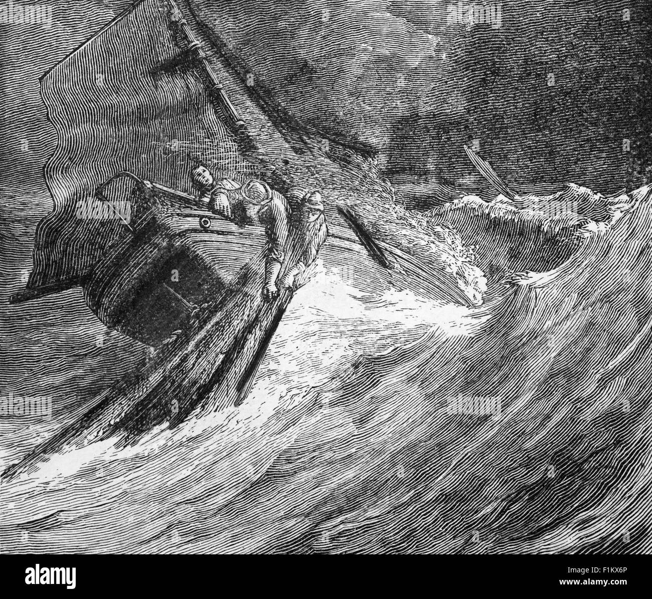 Eine Ansicht des 19. Jahrhunderts des stürmischen Fischens im Pentland Firth, das die Orkney-Inseln von Caithness im trennt Nördlich von Schottland Stockfoto