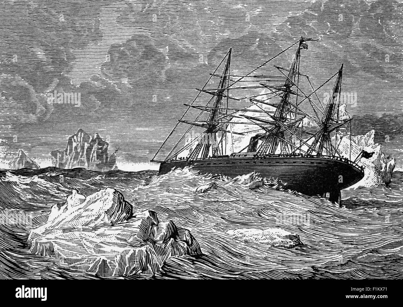 Ein Ozeandampfer aus dem 19. Jahrhundert unter Eisbergen, die Straße von Belle Island, auch bekannt als Straße von Labrador, trennt Labrador und Neufundland, Kanada Stockfoto
